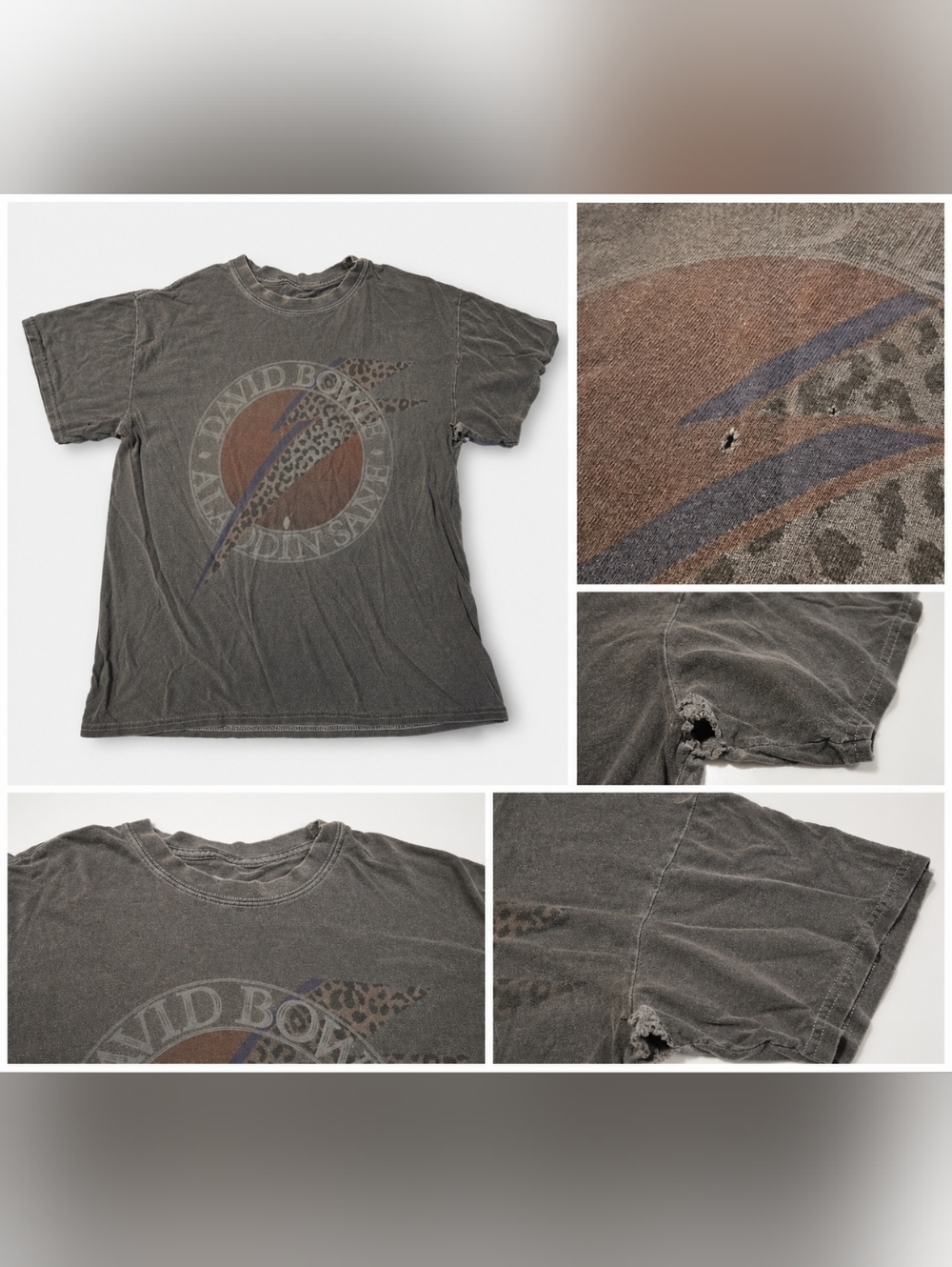 David Bowie Aladdin Sane Graphic Tee — Charcoal with Brown & Blue Print